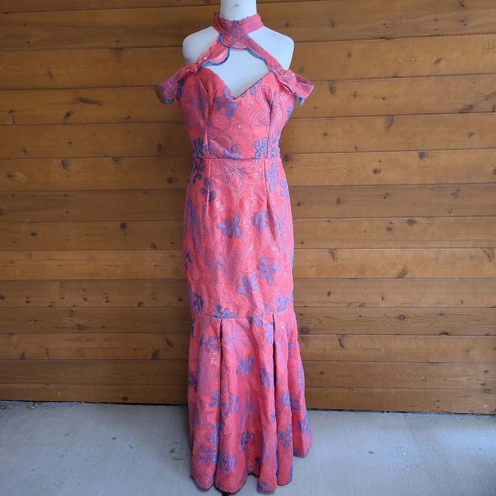 Vintage Handmade Sequin Mermaid Maxi Sequin Floral Pink Blue Dress Choker Neck